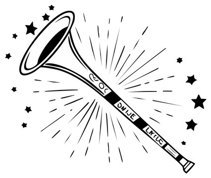Hand Drawn Black and White Vuvuzela with Stars, Festive Celebration Design Element