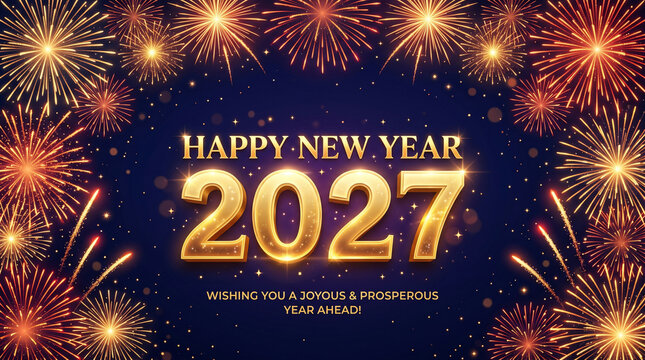 Golden fireworks celebrate 2027 new year with sparkles