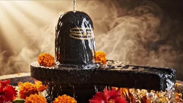Shivalinga stone sculpture with flowing water ritual offering in this cinematic spiritual motion video clip for religious meditation practice