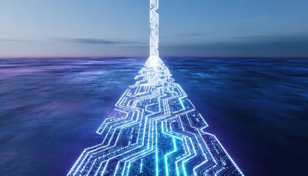 A single, perfect, illuminated circuit board path leading into an infinite horizon.