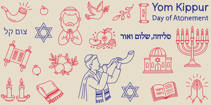 Yom Kippur doodle set. hand drawing of items related to Jewish holiday.