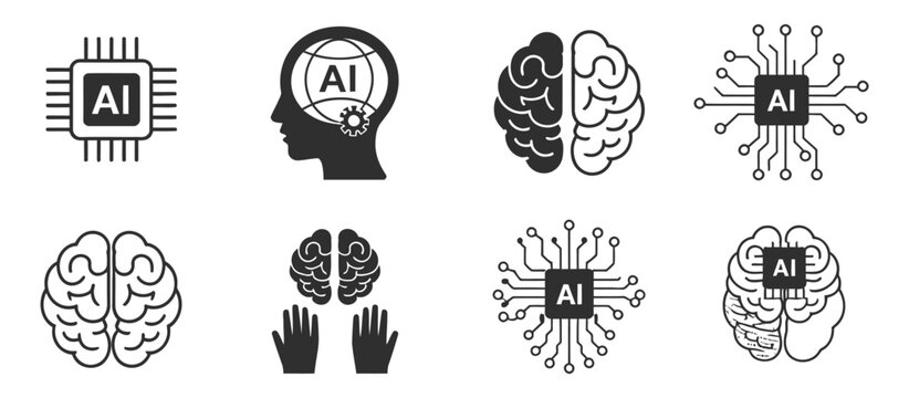 Artificial Intelligence Icon Set Featuring AI Brain, Human Head, Machine Learning, Neural Network, Technology, Robotics, and Digital Innovation Vector Illustrations