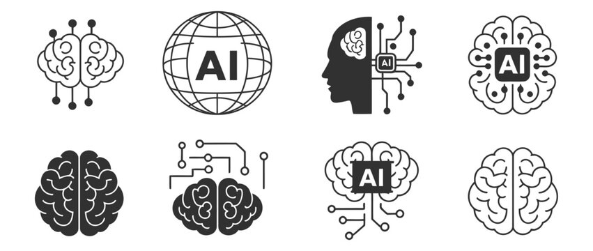 Artificial Intelligence Icon Set Featuring AI Brain, Human Head, Machine Learning, Neural Network, Technology, Robotics, and Digital Innovation Vector Illustrations