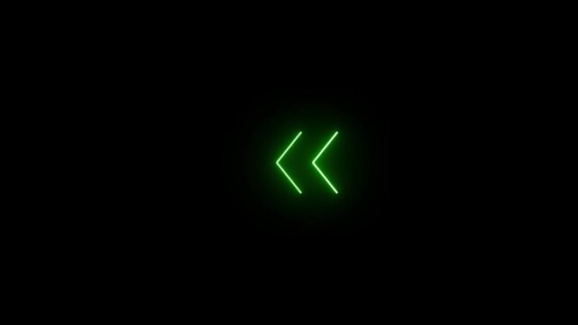 Green neon glowing triple chevron left arrows loop on black background. 4k motion video