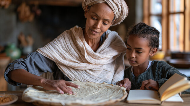 Middle-aged Ethiopian home cook layers injera batter across a clay mitad in a fragrant kitchen while her daughter documents the fermentation timing in a notebook blending diaspora