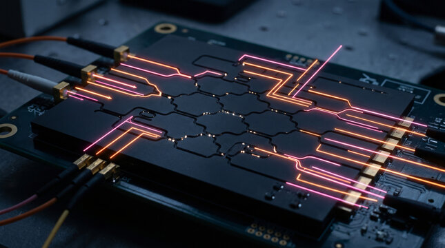 Macro of a dark photonic circuit board routing glowing neon pink and orange light paths