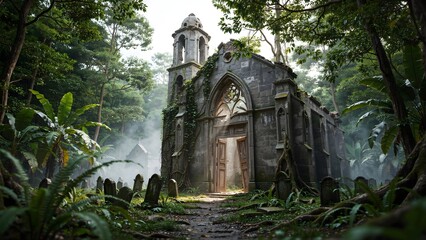 Fototapeta premium Mysterious Stone Gothic Chapel Amid Dense Forest with Fog and Overgrown Vegetation