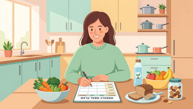 Woman writing weekly meal plan in kitchen illustration with fresh vegetables, fruit, whole grain bread and nuts on counter, healthy eating
