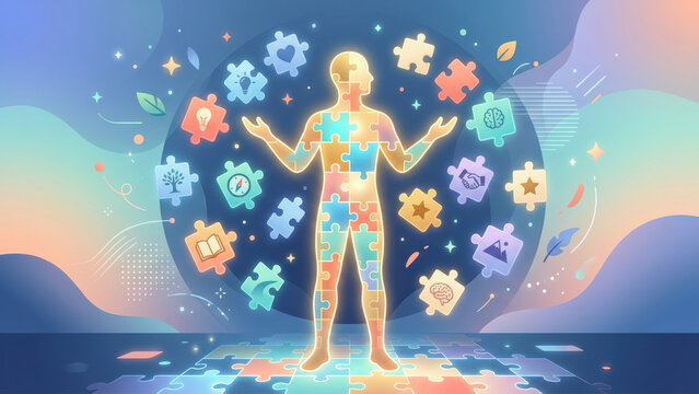 Personal growth and self development concept illustration with glowing puzzle piece human figure surrounded by floating skill icons