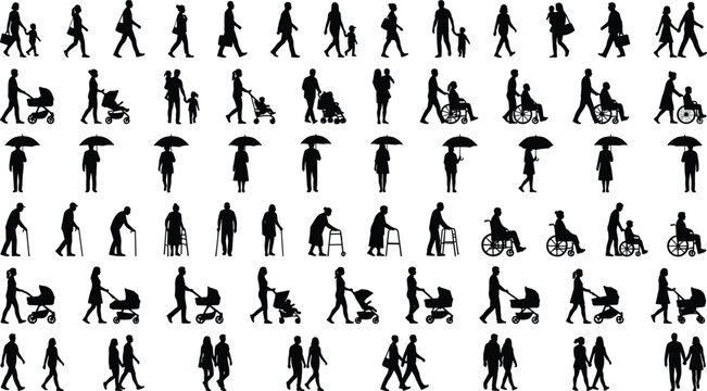 Large mega set of black people silhouettes pushing strollers holding umbrellas and using wheelchairs isolated on white background vector illustration