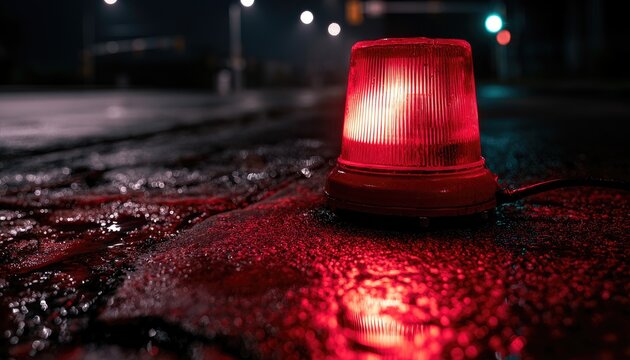 Red emergency light flashing on wet asphalt at night, casting reflections