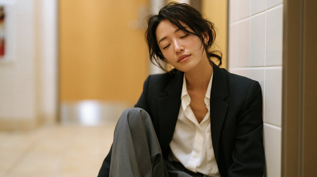 Overworked project manager sits on a bathroom floor of her office building, jacket off, head resting on the wall, eyes closed for ninety seconds of solitude between back-to-back