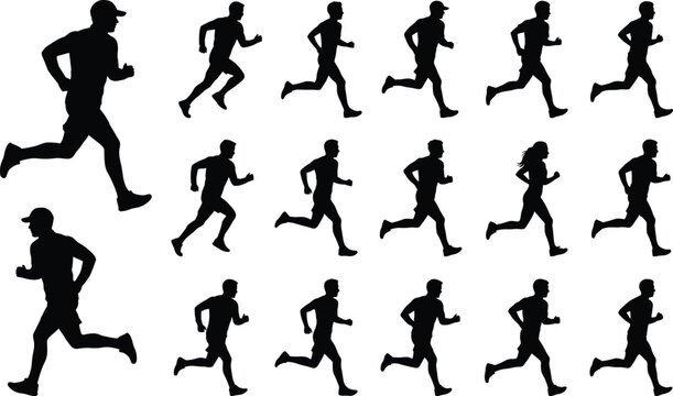 Running people silhouette collection featuring multiple active men and women runners jogging isolated on white background