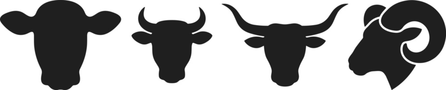 Set of black cattle and ram head silhouettes isolated on white background for butcher shop and farm logo design vector illustration