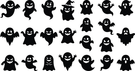 Fototapeta premium Set of black spooky ghost silhouettes with funny expressions isolated on white background for Halloween holiday decoration vector illustration