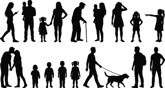Set of black people silhouettes in different generations including family children elderly and man walking a dog isolated on white background vector illustration