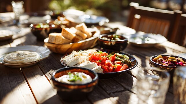 A lifestyle outdoor scene with mezze served at a picnic table under natural daylight
