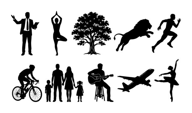 Collection of lifestyle people silhouettes featuring runners, dancers, families, musicians, cyclists, and daily activity figures