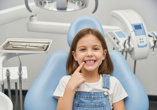 Girl showing clean teeth at dentist