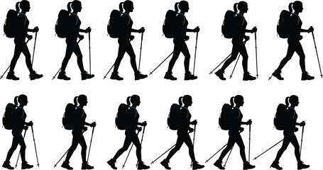 Hiking and trekking silhouettes, adventure and outdoor concept, travel and exploration design, mountain and nature theme, black and white flat vector illustration © MD Tariful islam