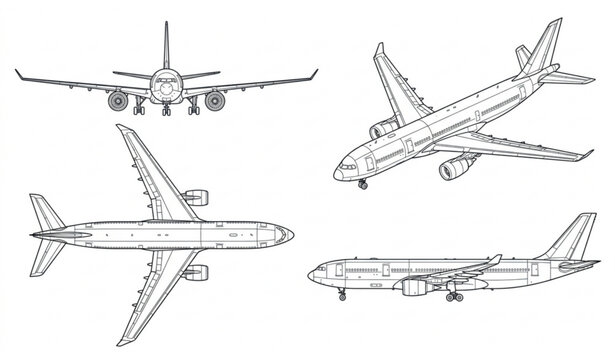 Commercial Airplane Blueprint Vector Set with Top Side Front and Isometric Views Illustration