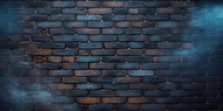 An aged blue brick wall features a rustic textured surface with rough stone patterns and weathered grunge details perfect for an urban architectural background