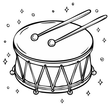 Illustration of a marching drum with sticks and sparkling celebratory elements