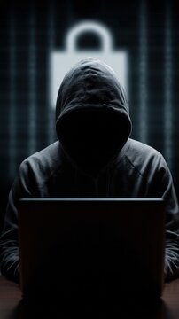 Hooded figure in silhouette focused on laptop screen, surrounded by digital security elements, representing themes of cybersecurity and anonymity in the digital age