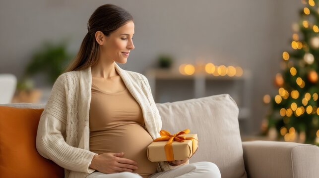 Pregnant woman in cozy living room holding gift, surrounded by warm holiday lights and festive decorations, creating a joyful atmosphere of anticipation