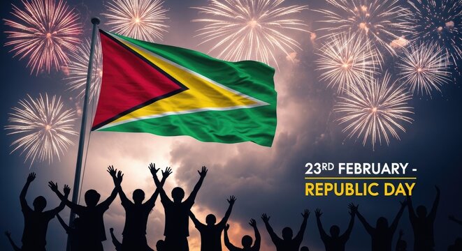 Guyana republic day celebrations with fireworks and flag