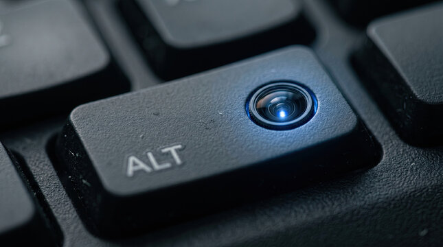 Close-up of ALT keyboard key with embedded miniature camera lens glowing blue &mdash; surveillance concept