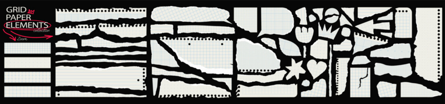 Torn paper pieces set with blue graph grid textures. Rip paper cutouts for zine collage with various blueprint and checkered patterns. Back to school, education, scrapbook sticker Vector illustration