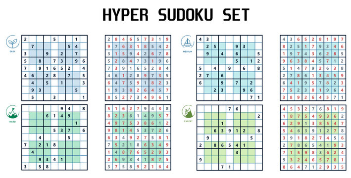 Set of hyper sudoku puzzles for different difficulty levels on a grid background/Printable Sudoku Set 