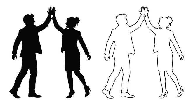 Silhouettes Of Businesspeople Giving High five Black And White Outline