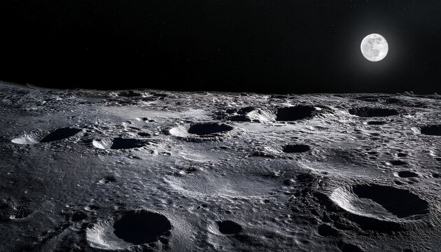 vast shadowed lunar crater landscape textured surface stars detail