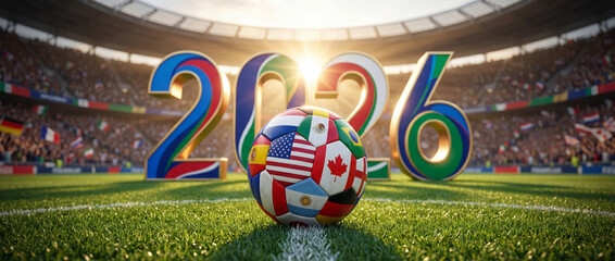Obraz na płótnie Canvas 2026 football world cup international flags soccer ball on green stadium kickoff with of host countries flag colors