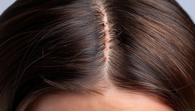 close up of hairline with surgical scar and regrowing hair concept for hair transplants scalp health and dermatology