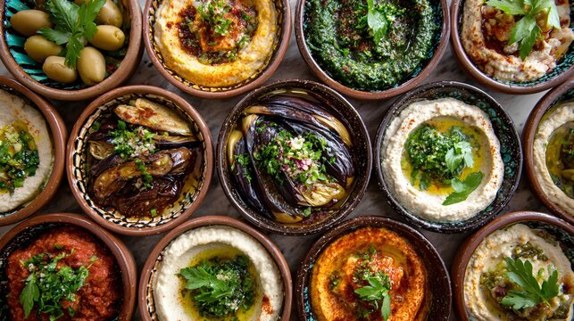 A top-down composition of multiple mezze plates arranged in a circular pattern with eggplant dishes as the centerpiece