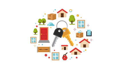 Naklejka premium Real Estate and Home Moving Concept with House Keys and Property Icons. Flat Vector Illustration of Housing, Residential Rental, and Ownership Symbols on White Background.