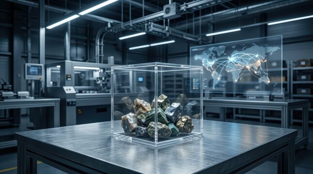 A futuristic lab with high-tech equipment displays a transparent cube filled with metallic ore and a digital world map highlighting global connections.