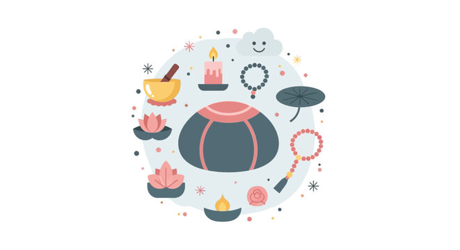 Meditation and Mindfulness Symbols Set with Zafu, Lotus Flowers, and Singing Bowl Vector Illustration for Wellness and Mental Health