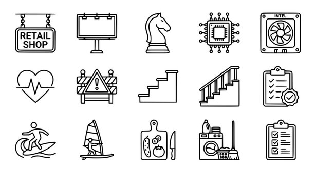 Editable Thin Stroke Icon Pack with Shop Technology Sports and Construction Elements