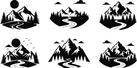 Mountain and forest landscape silhouettes, nature and adventure concept, wilderness and travel design, scenic outdoor theme, black and white flat vector illustration © MD Tariful islam