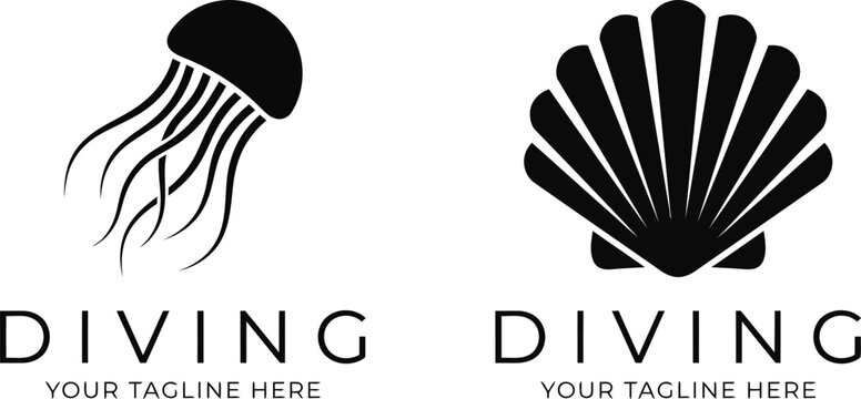 Diving branding logos featuring jellyfish and seashell icons with placeholder text for company identity development vector illustration showcasing elegant marine aquatic visual assets.