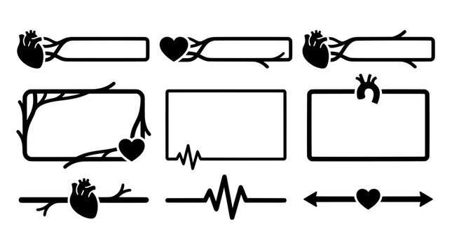 Black medical stream element vectors featuring heartbeat pulse line frames, anatomical heart banners, and vein dividers for broadcast graphic design