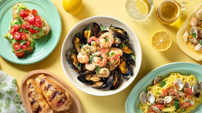 A bright flat lay with seafood dishes placed around the perimeter of a pastel yellow background