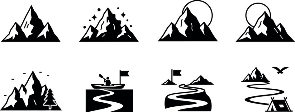 Mountain silhouette icons with outdoor adventure themes