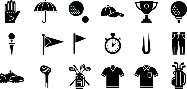 Golf silhouette icons set including umbrella trophy and golf clubs
