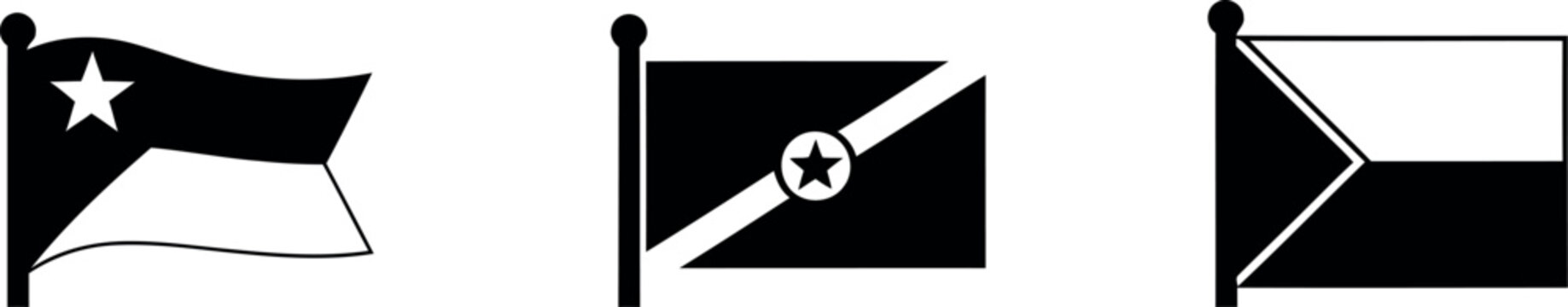 Silhouette of three unique flag designs with star symbols on white background