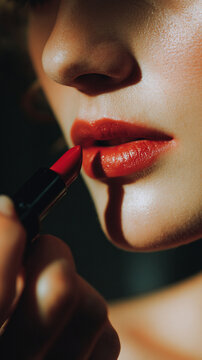 Close up shot of woman applying red lipstick, highlighting vibrant color and smooth texture. lighting creates dramatic effect, enhancing beauty of lips and makeup application